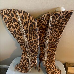 Shoe Dazzle Leopard Print Heeled Boots with Rhinestones